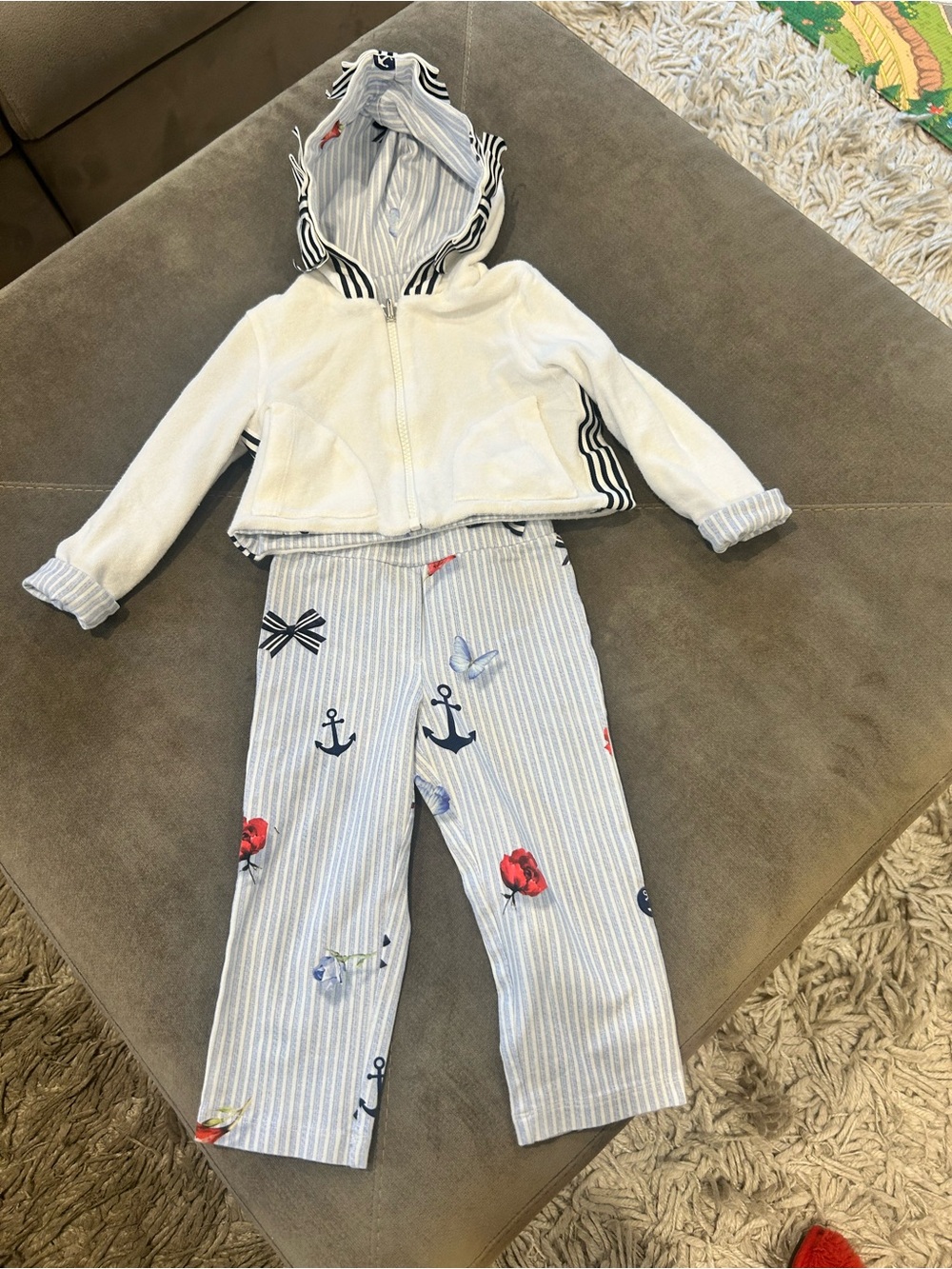 Lapin House Striped Nautical Two-Piece Set with Hoodie - White & Light Blue 18mo